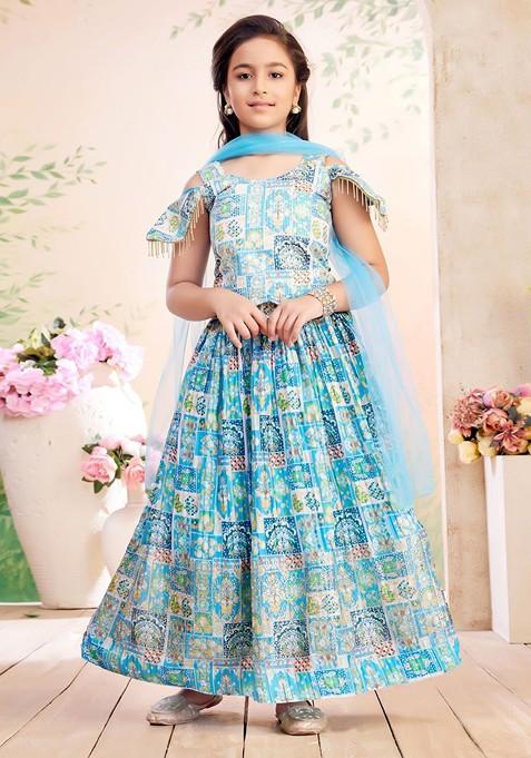 Turquoise Blue Printed Blended Lehenga Choli For Girls — view on Indya