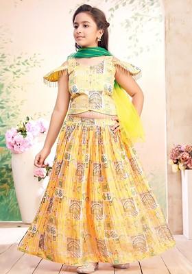 Yellow Printed Blended Lehenga Choli For Girls