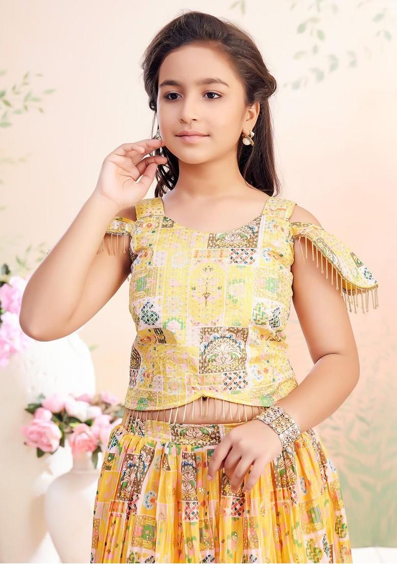 Yellow Printed Blended Lehenga Choli For Girls - Indya