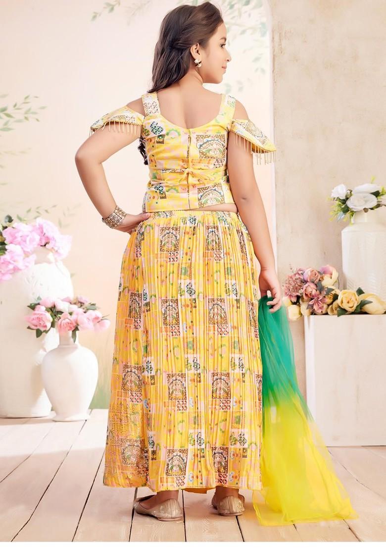 Yellow Printed Blended Lehenga Choli For Girls - Indya