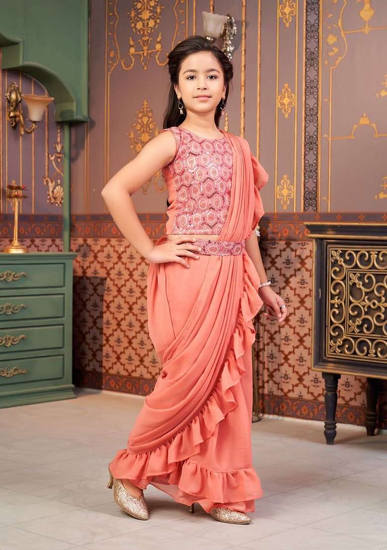 Peach Embellished Blended Lehenga Choli For Girls - Indya