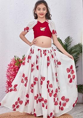 White Embroidered Blended Lehenga Choli For Girls