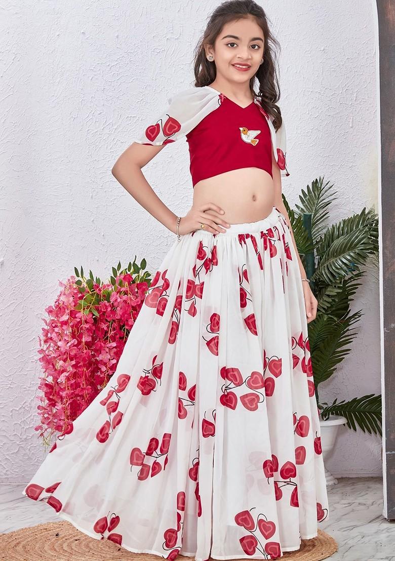 White Embroidered Blended Lehenga Choli For Girls - Indya