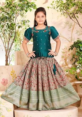 Green Embroidered Blended Lehenga Choli For Girls
