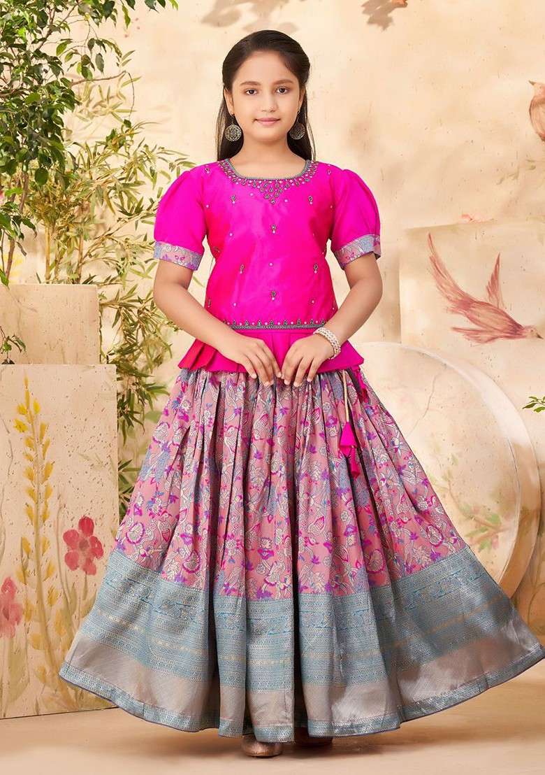 Pink Embroidered Blended Lehenga Choli For Girls - Indya