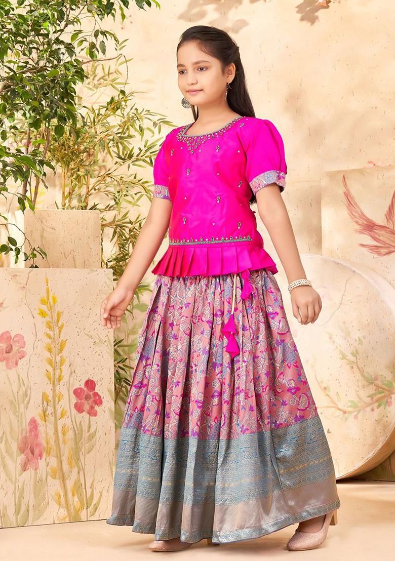 Pink Embroidered Blended Lehenga Choli For Girls - Indya