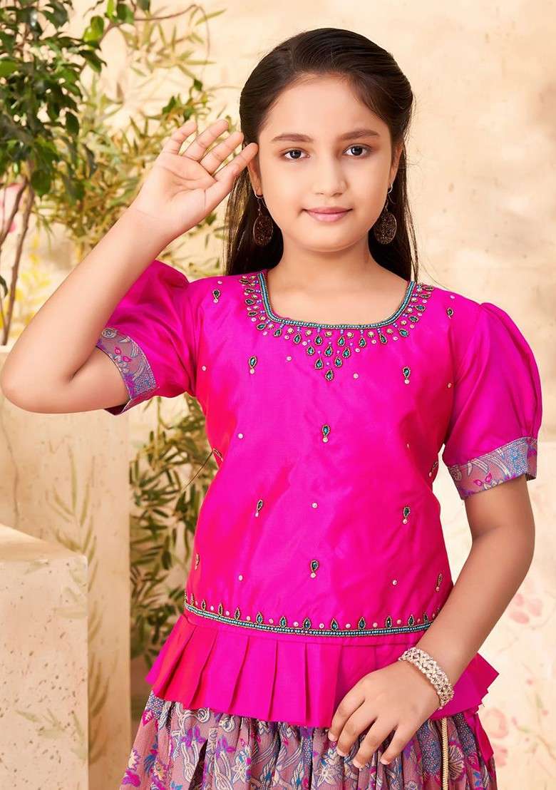 Pink Embroidered Blended Lehenga Choli For Girls - Indya