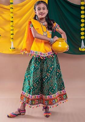 Green Embroidered Cotton Blend Lehenga Choli For Girls