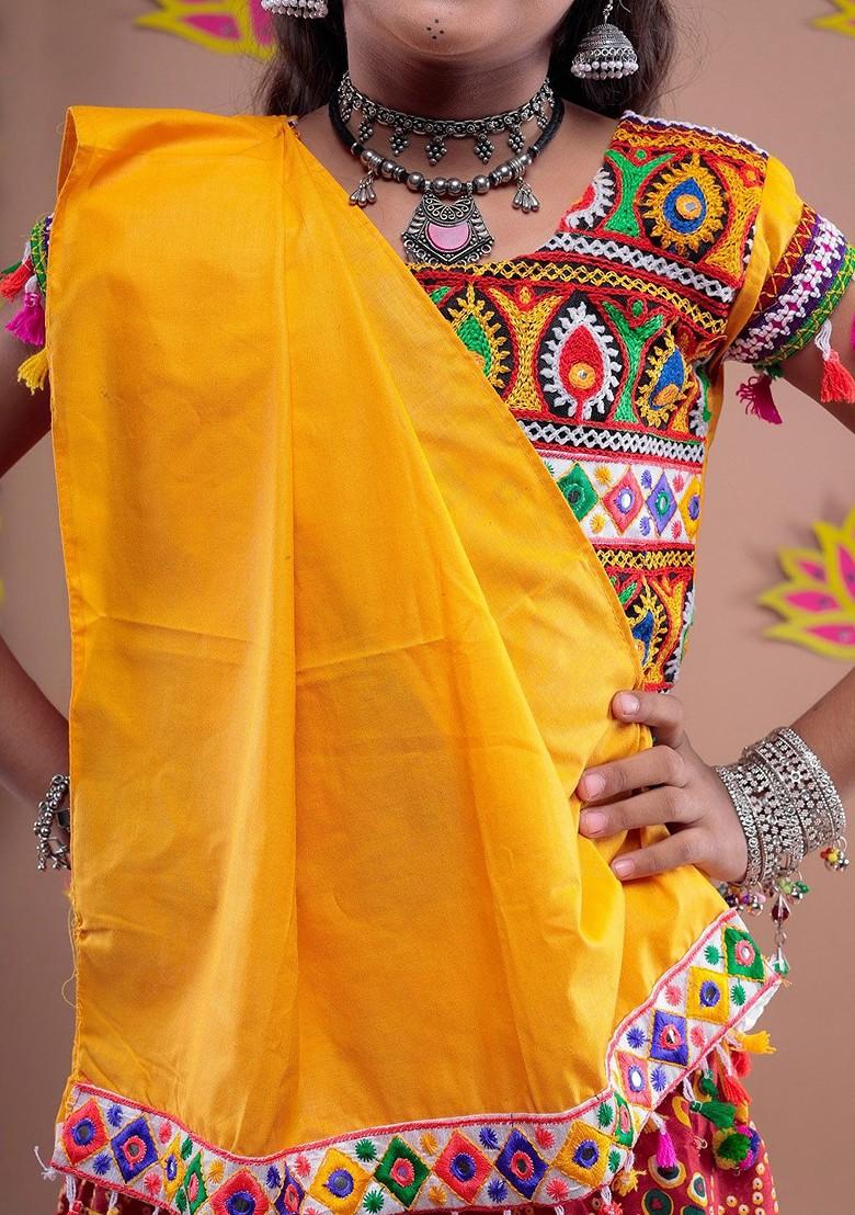 Red Embroidered Cotton Blend Lehenga Choli For Girls - Indya