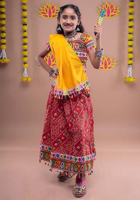 Red Embroidered Cotton Blend Lehenga Choli For Girls — view on Indya
