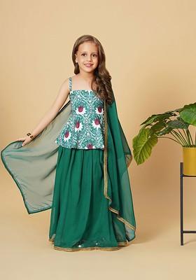 Green Printed Blended Lehenga Choli For Girls