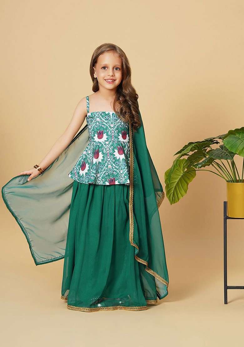 Green Printed Blended Lehenga Choli For Girls - Indya