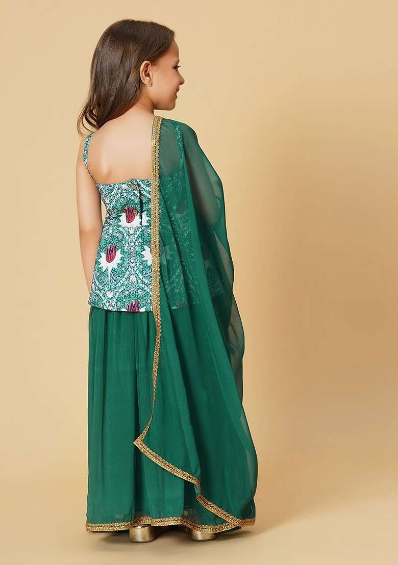 Green Printed Blended Lehenga Choli For Girls - Indya