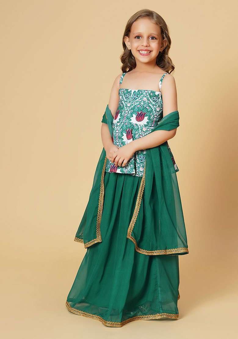 Green Printed Blended Lehenga Choli For Girls - Indya