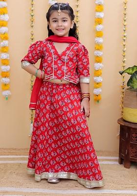 Red Printed Cotton Blend Lehenga Choli For Girls