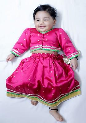 Pink Embellished Blended Lehenga Choli For Girls