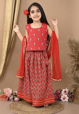 Red Printed Blended Lehenga Choli For Girls