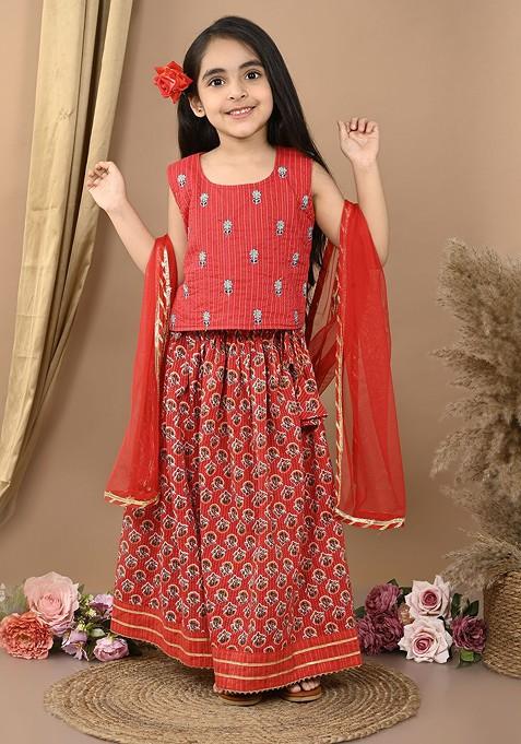 Red Printed Blended Lehenga Choli For Girls