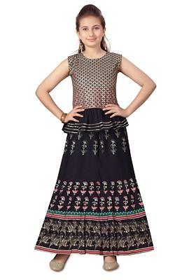 Navy Blue Embroidered Blended Lehenga Choli For Girls