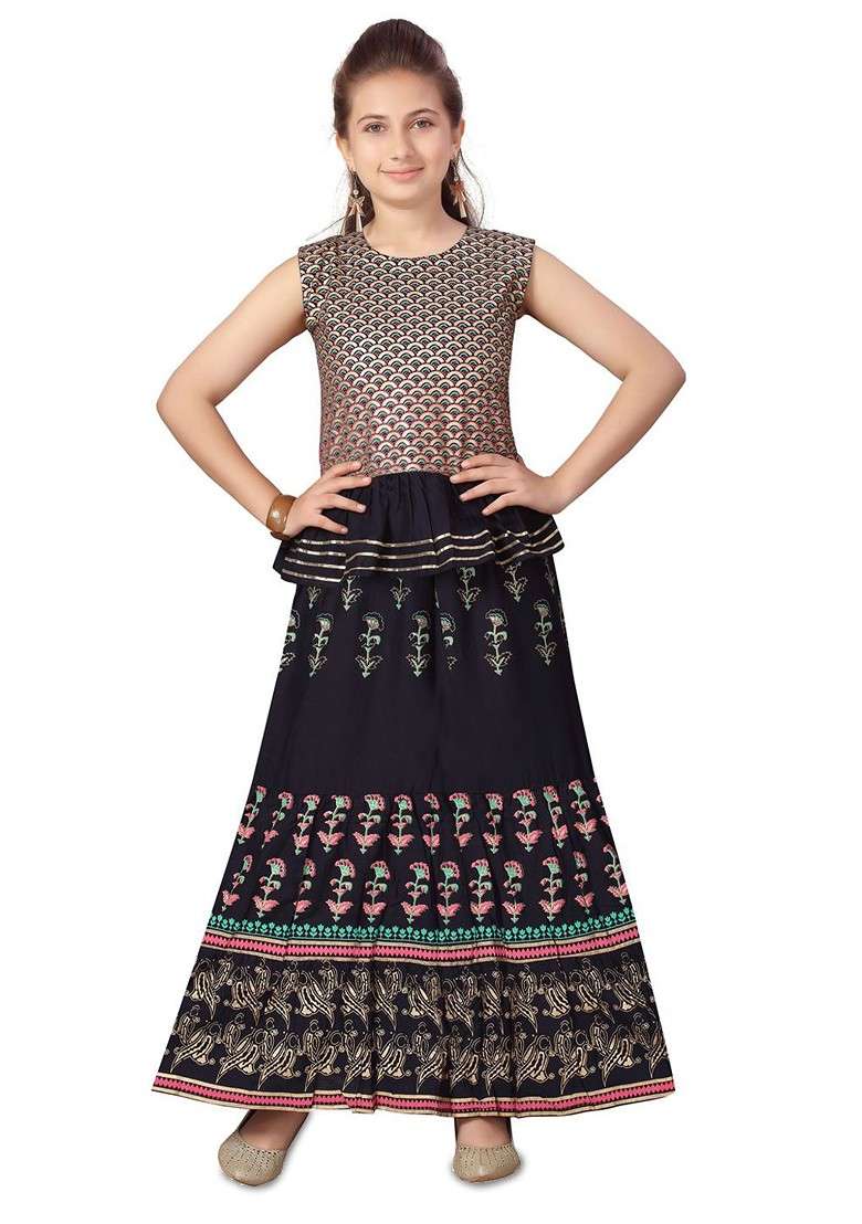Navy Blue Embroidered Blended Lehenga Choli For Girls - Indya