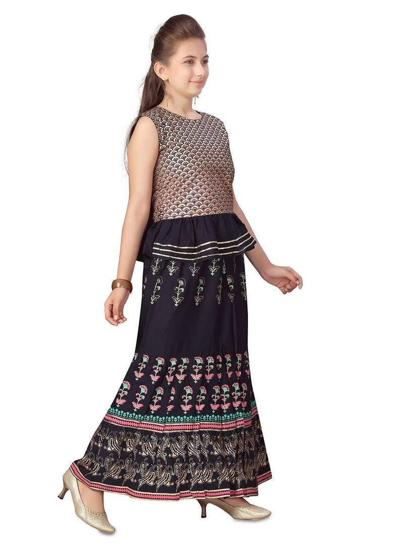 Navy Blue Embroidered Blended Lehenga Choli For Girls - Indya