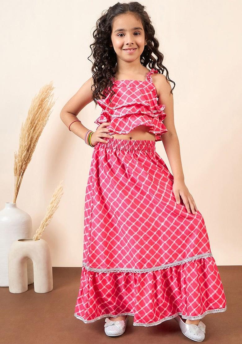 Pink Printed Blended Lehenga Choli For Girls - Indya