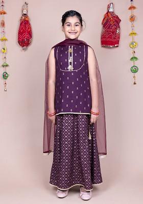 Purple Printed Blended Lehenga Choli For Girls