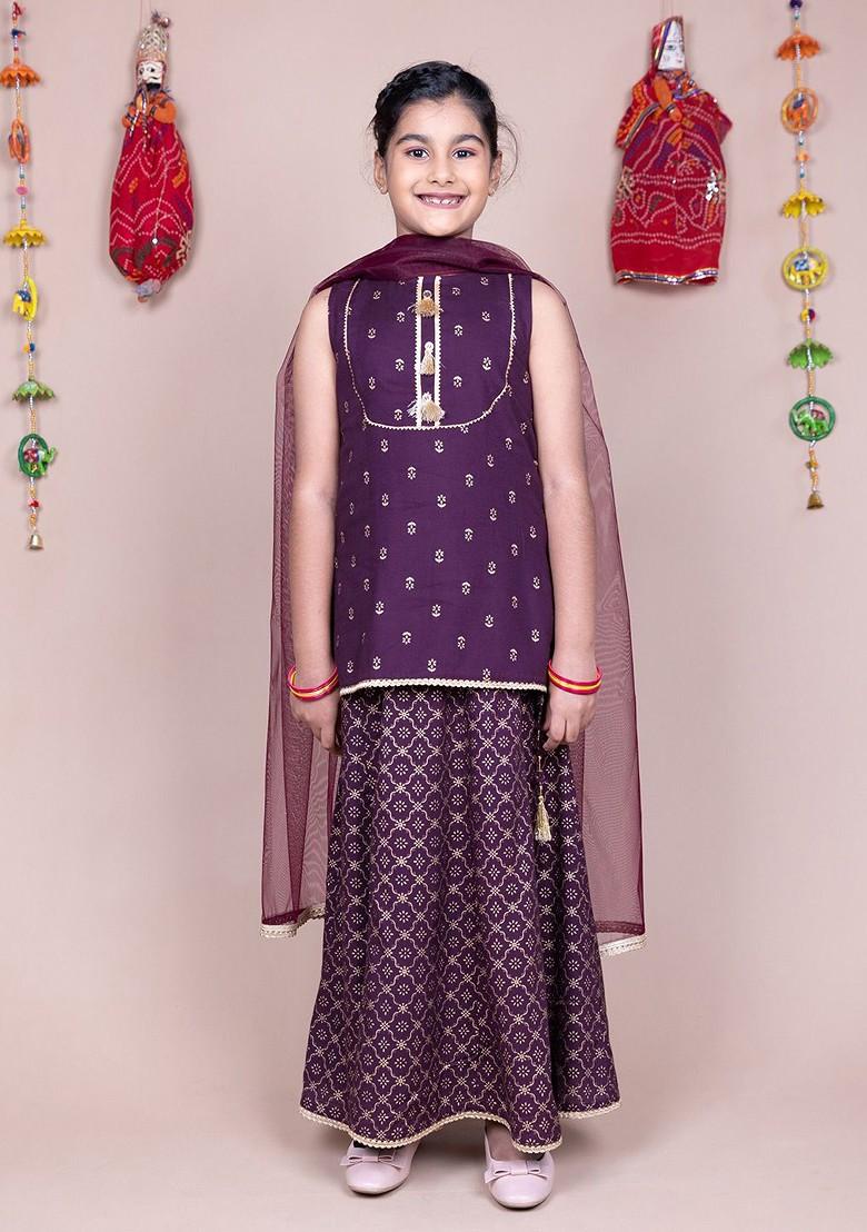Purple Printed Blended Lehenga Choli For Girls - Indya