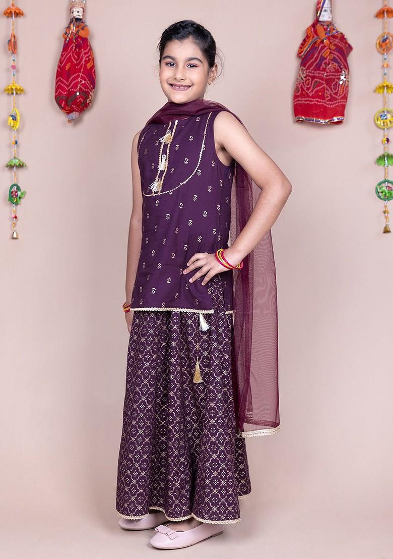 Purple Printed Blended Lehenga Choli For Girls - Indya