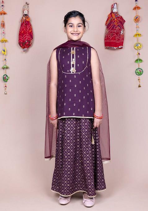 Purple Printed Blended Lehenga Choli For Girls — view on Indya