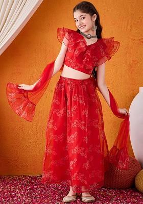 Red Printed Blended Lehenga Choli For Girls