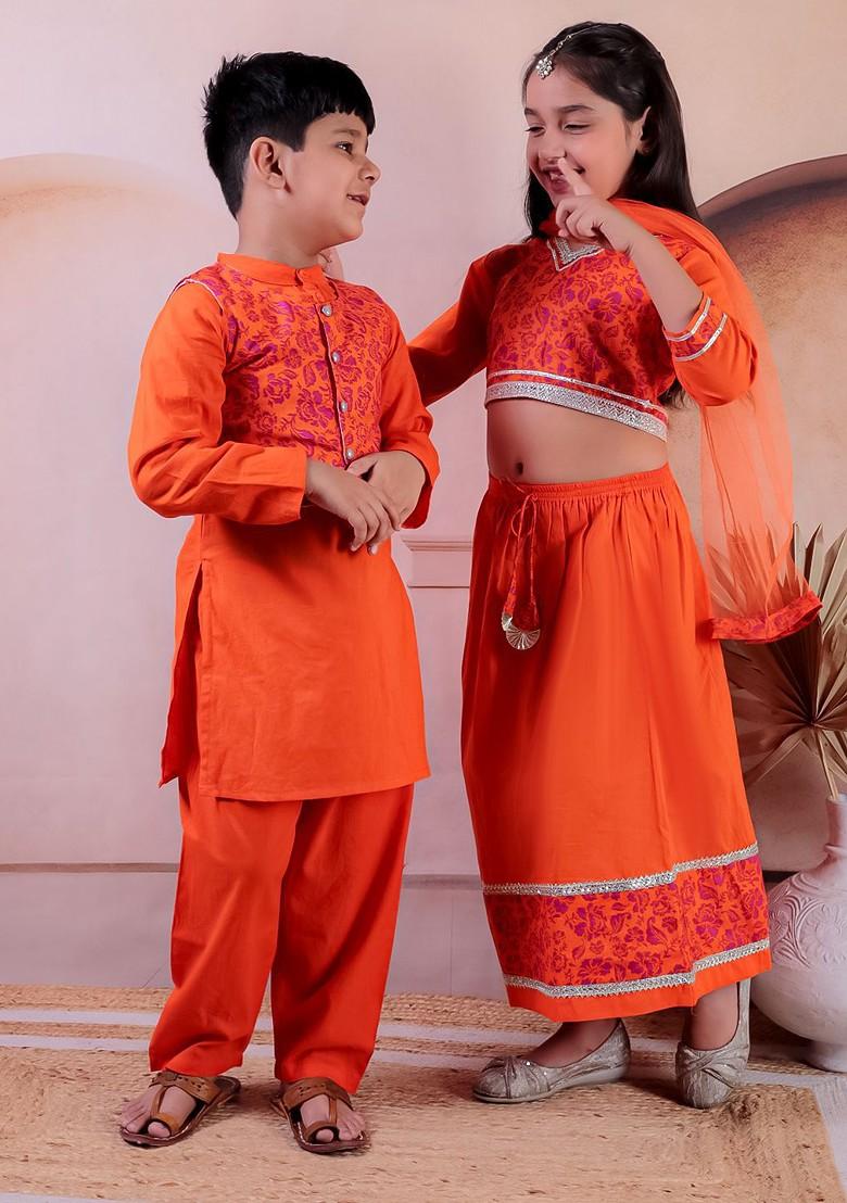 Orange Printed Cotton Blend Lehenga Choli For Girls - Indya