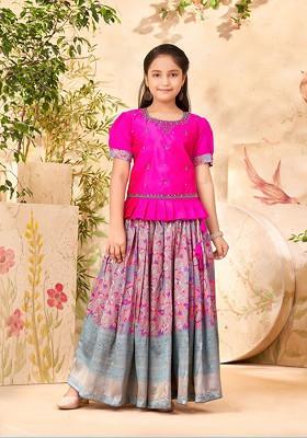 Pink Embroidered Blended Lehenga Choli For Girls