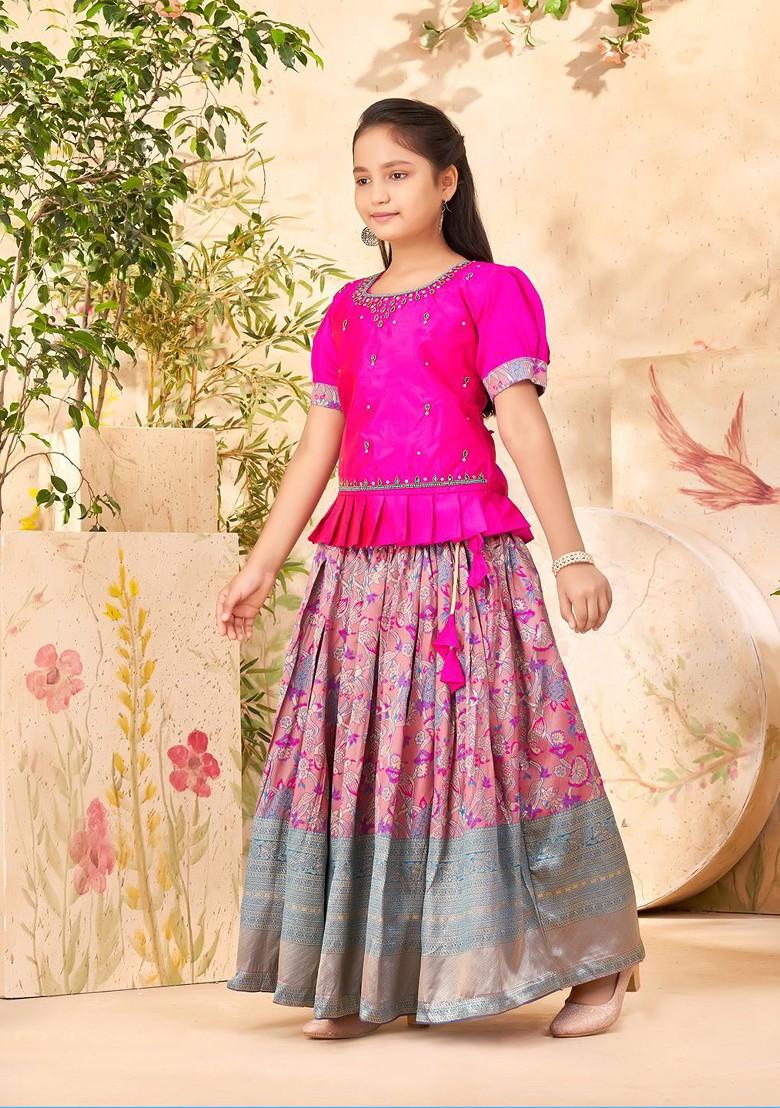 Pink Embroidered Blended Lehenga Choli For Girls - Indya