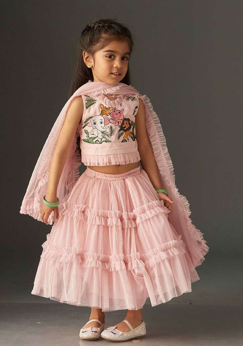 Pink Printed Net Lehenga Choli For Girls - Indya