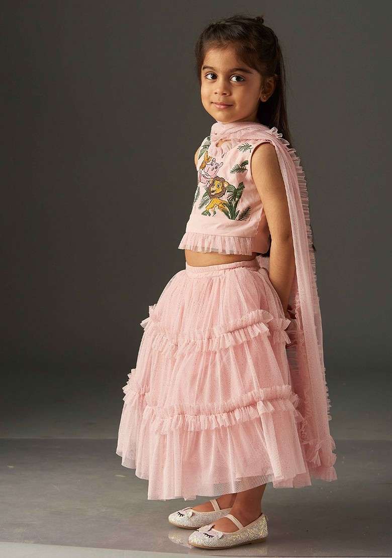 Pink Printed Net Lehenga Choli For Girls - Indya