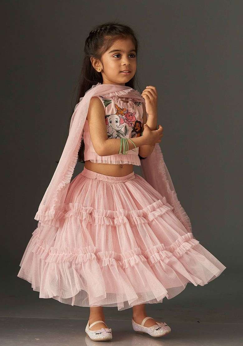 Pink Printed Net Lehenga Choli For Girls - Indya