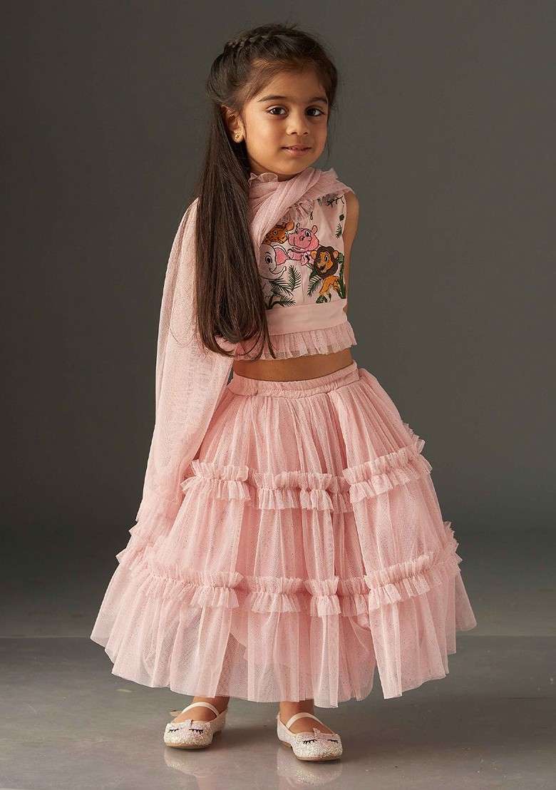 Pink Printed Net Lehenga Choli For Girls - Indya