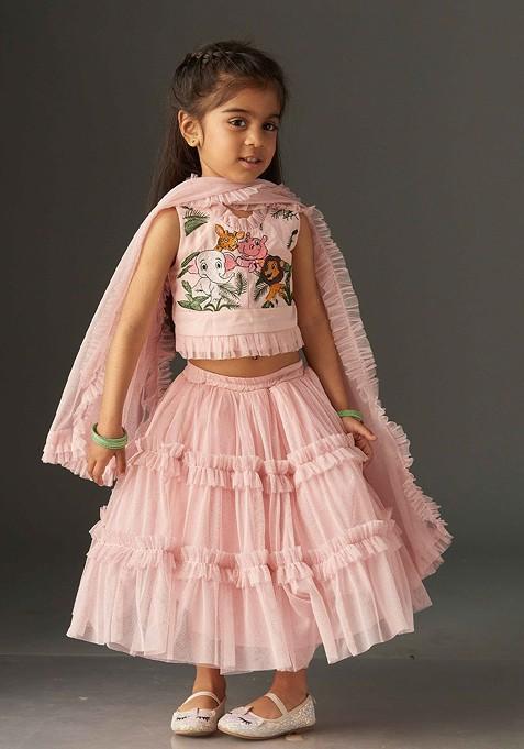 Pink Printed Net Lehenga Choli For Girls — view on Indya