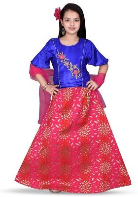 Blue Embroidered Blended Lehenga Choli For Girls