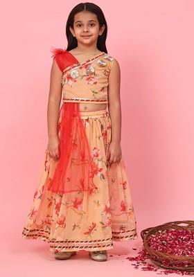 Peach Printed Blended Lehenga Choli For Girls