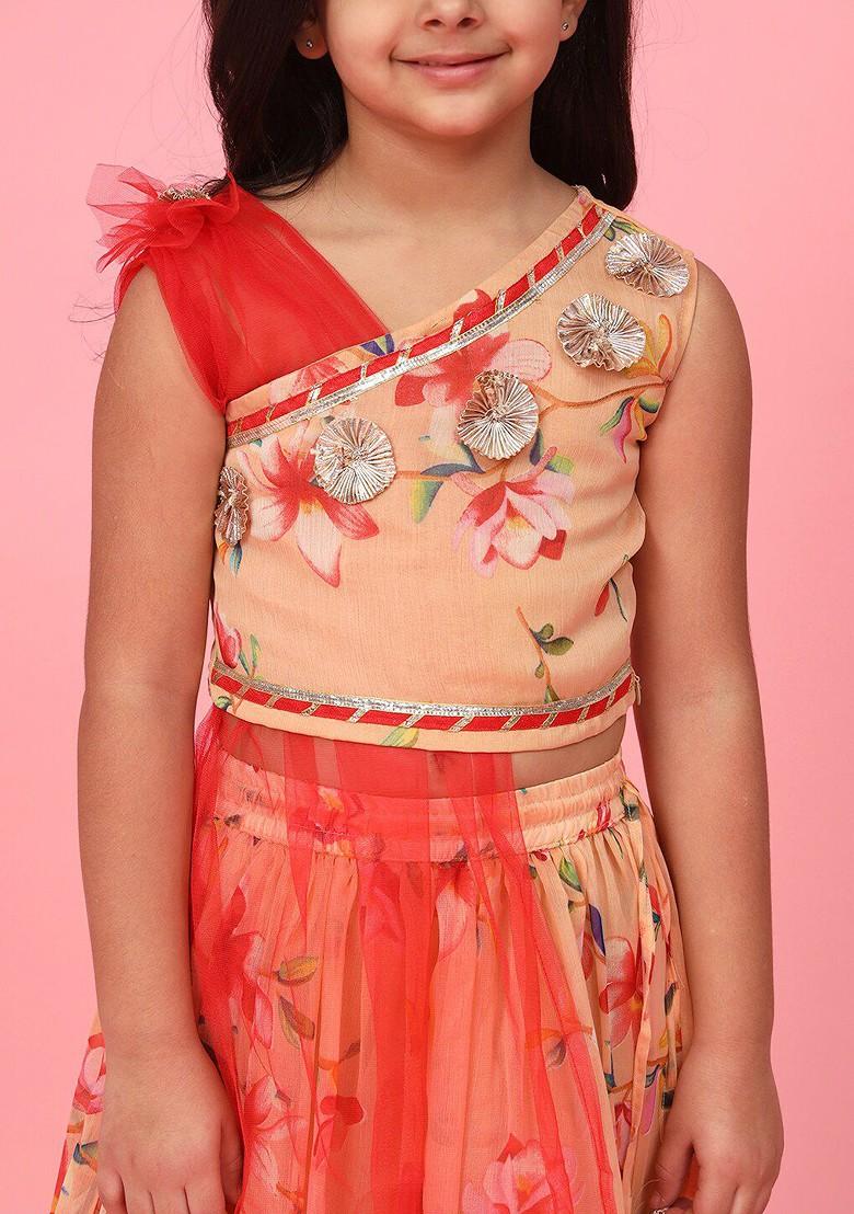 Peach Printed Blended Lehenga Choli For Girls - Indya