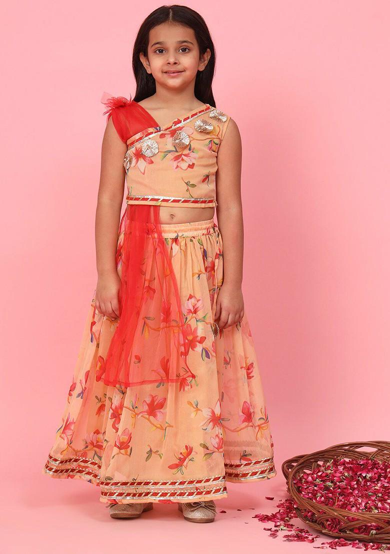 Peach Printed Blended Lehenga Choli For Girls - Indya