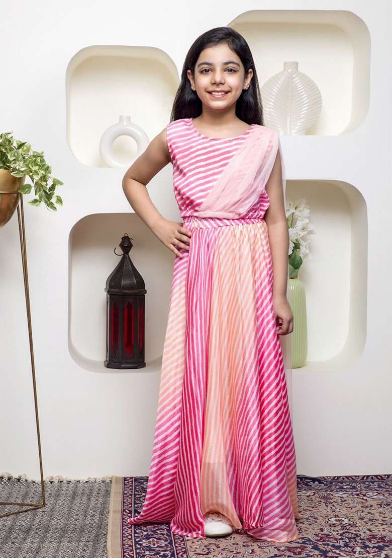 Pink Printed Blended Lehenga Choli For Girls - Indya