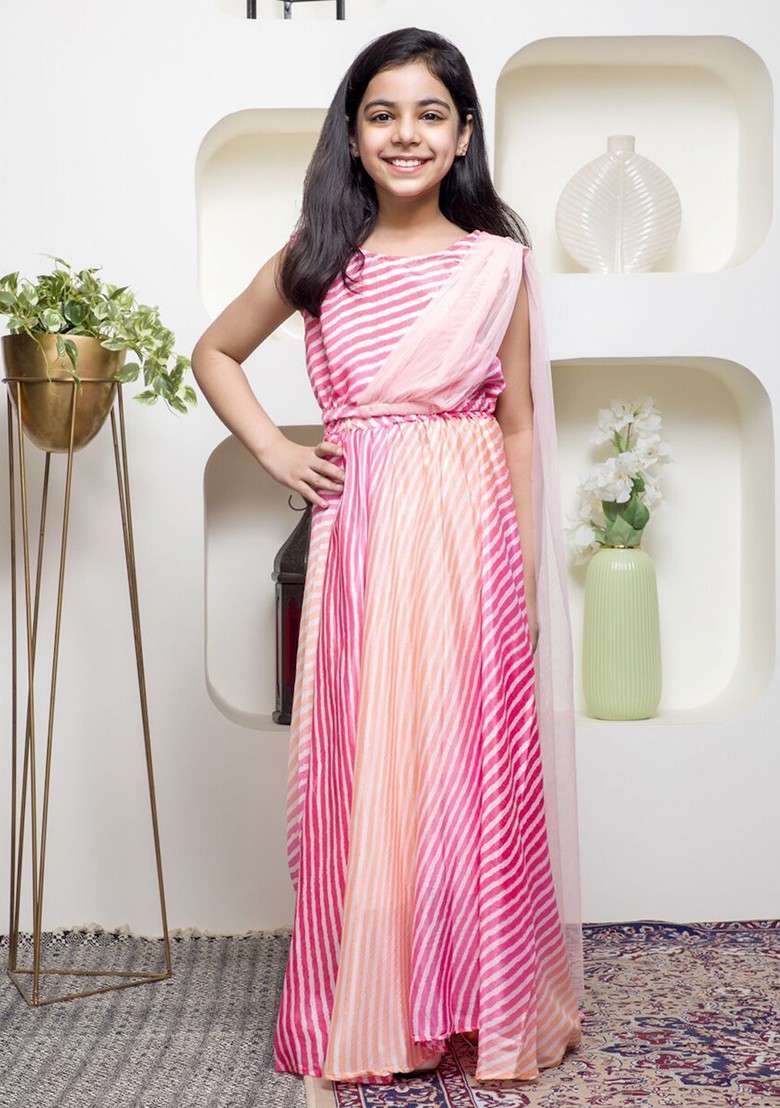 Pink Printed Blended Lehenga Choli For Girls - Indya