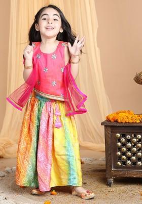 Pink Embroidered Blended Lehenga Choli For Girls