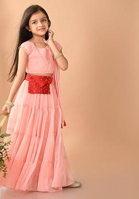 Pink Embroidered Blended Lehenga Choli For Girls