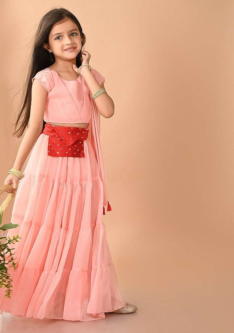 Pink Embroidered Blended Lehenga Choli For Girls - Indya