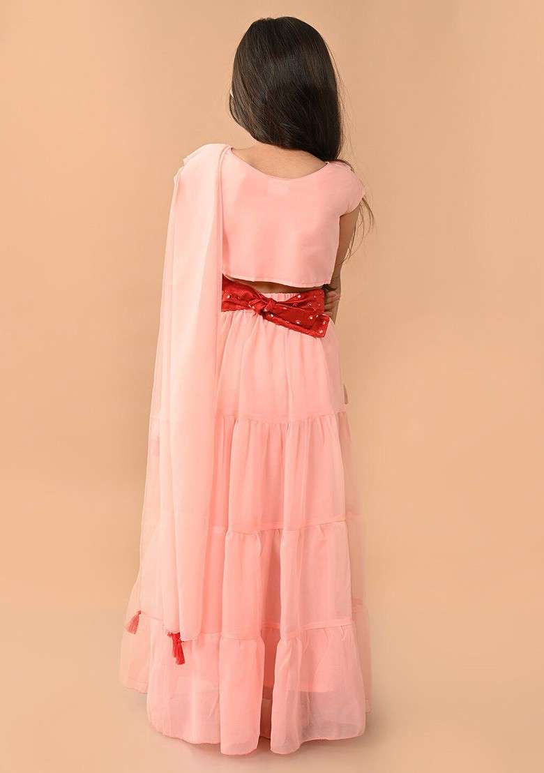 Pink Embroidered Blended Lehenga Choli For Girls - Indya