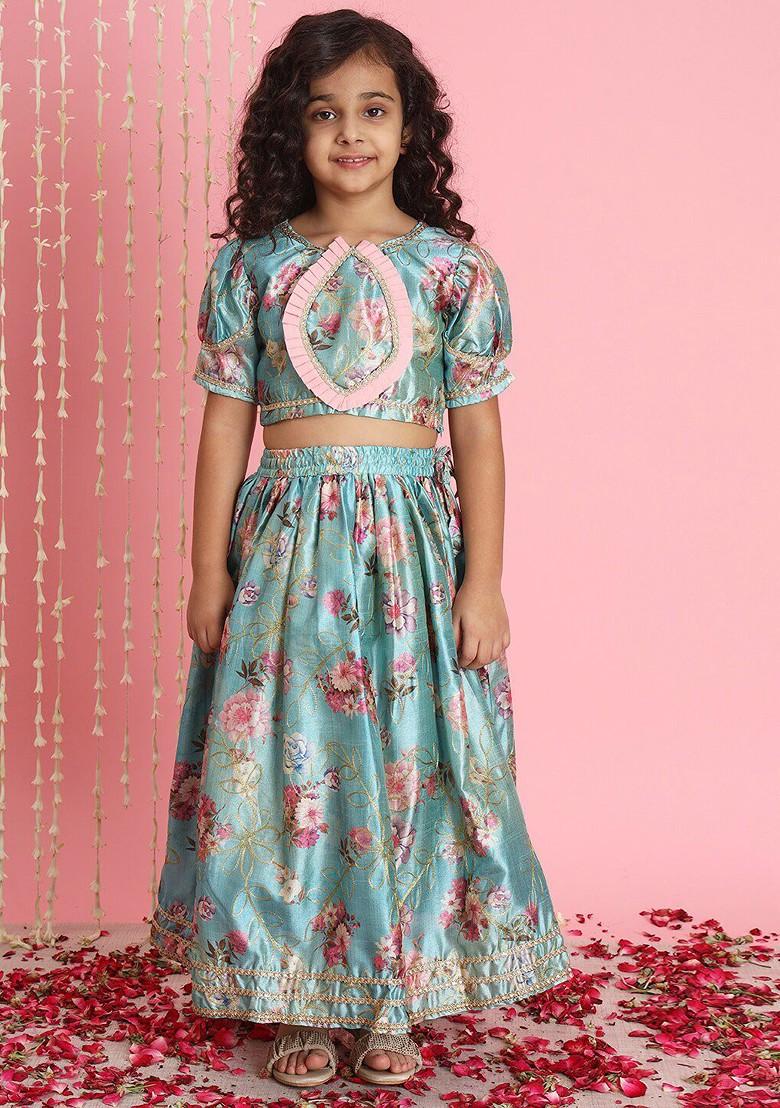 Blue Printed Blended Lehenga Choli For Girls - Indya